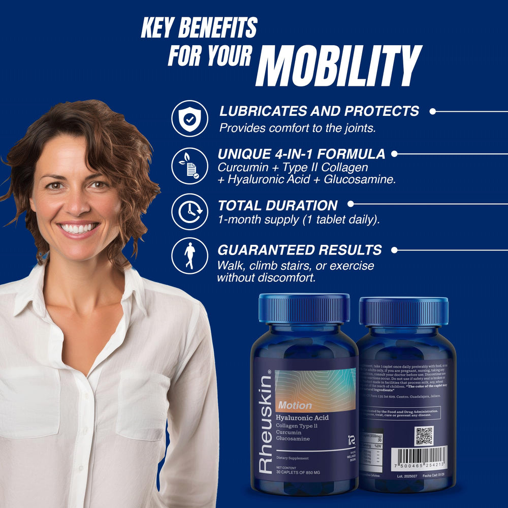 Rheuskin Motion hyaluronic acid image highlights hydration for skin and joints.