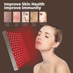 Rhmip LED red light panel close-up diode grid shows dual-wavelength LEDs for at-home care