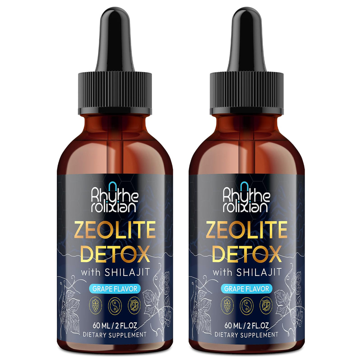 Rhytherolixian Zeolite Detox Drops bottle highlighting grape flavor for daily wellness