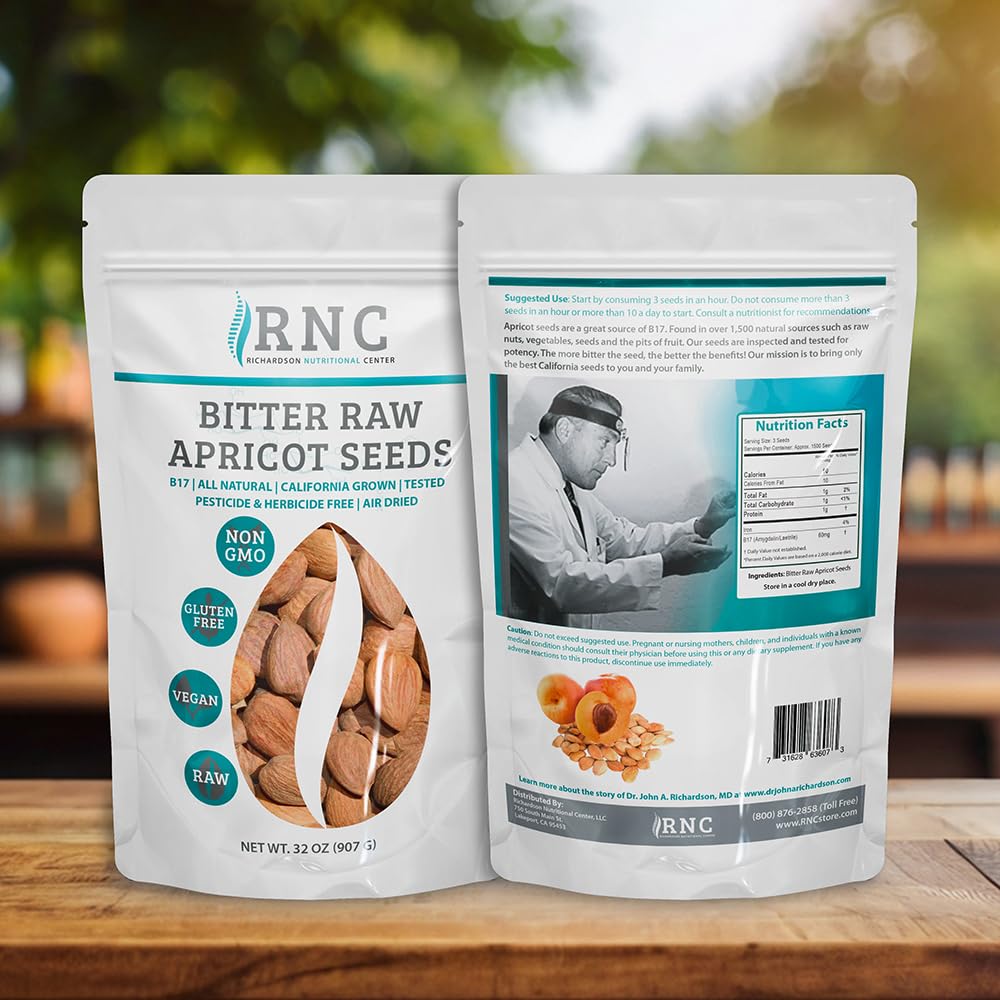Richardson Nutritional Center bitter apricot seeds texture closeup signaling potent amygdalin-rich profile for healthy snacking.