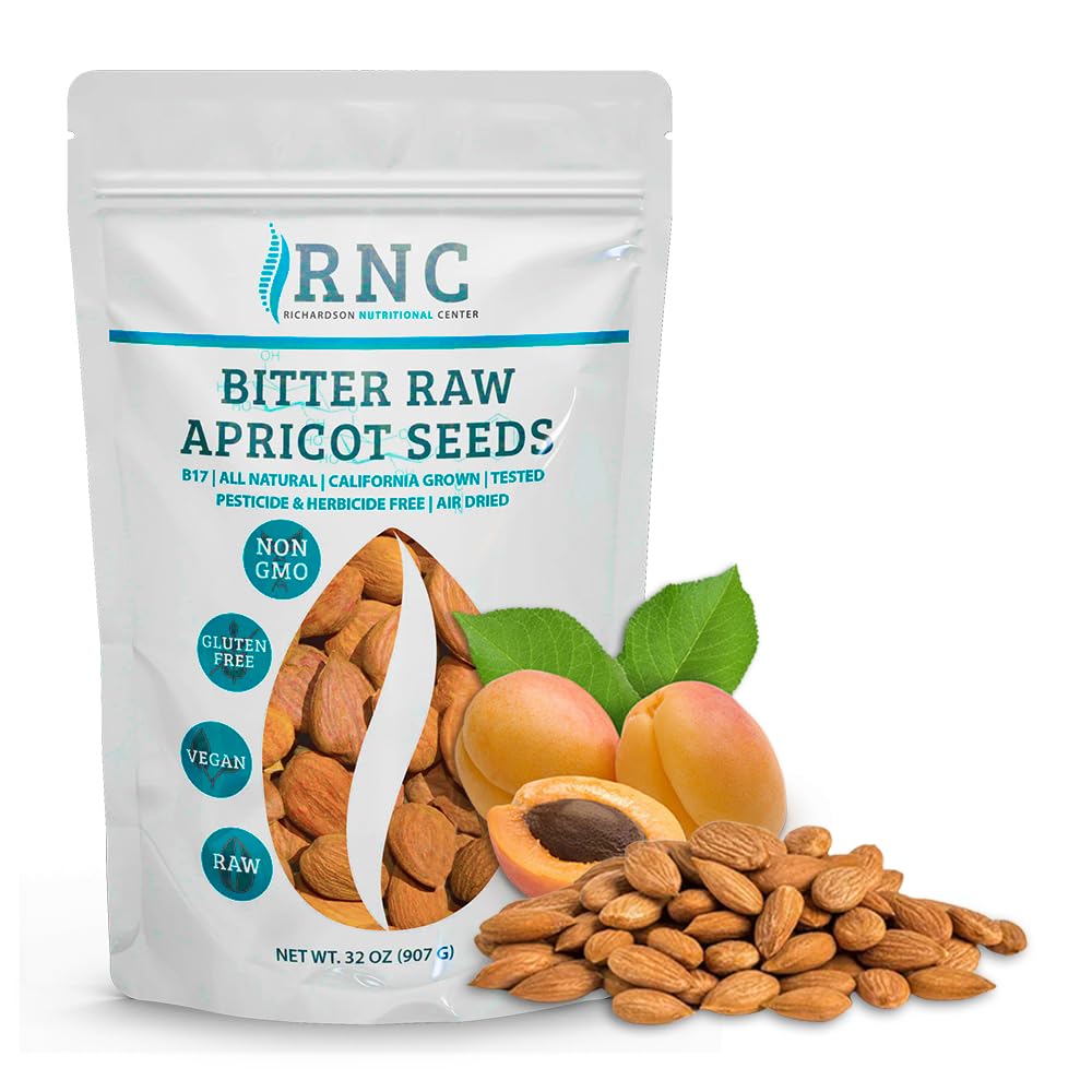 Richardson Nutritional Center packshot of fresh raw bitter apricot seeds, California-grown and nutrient-rich.