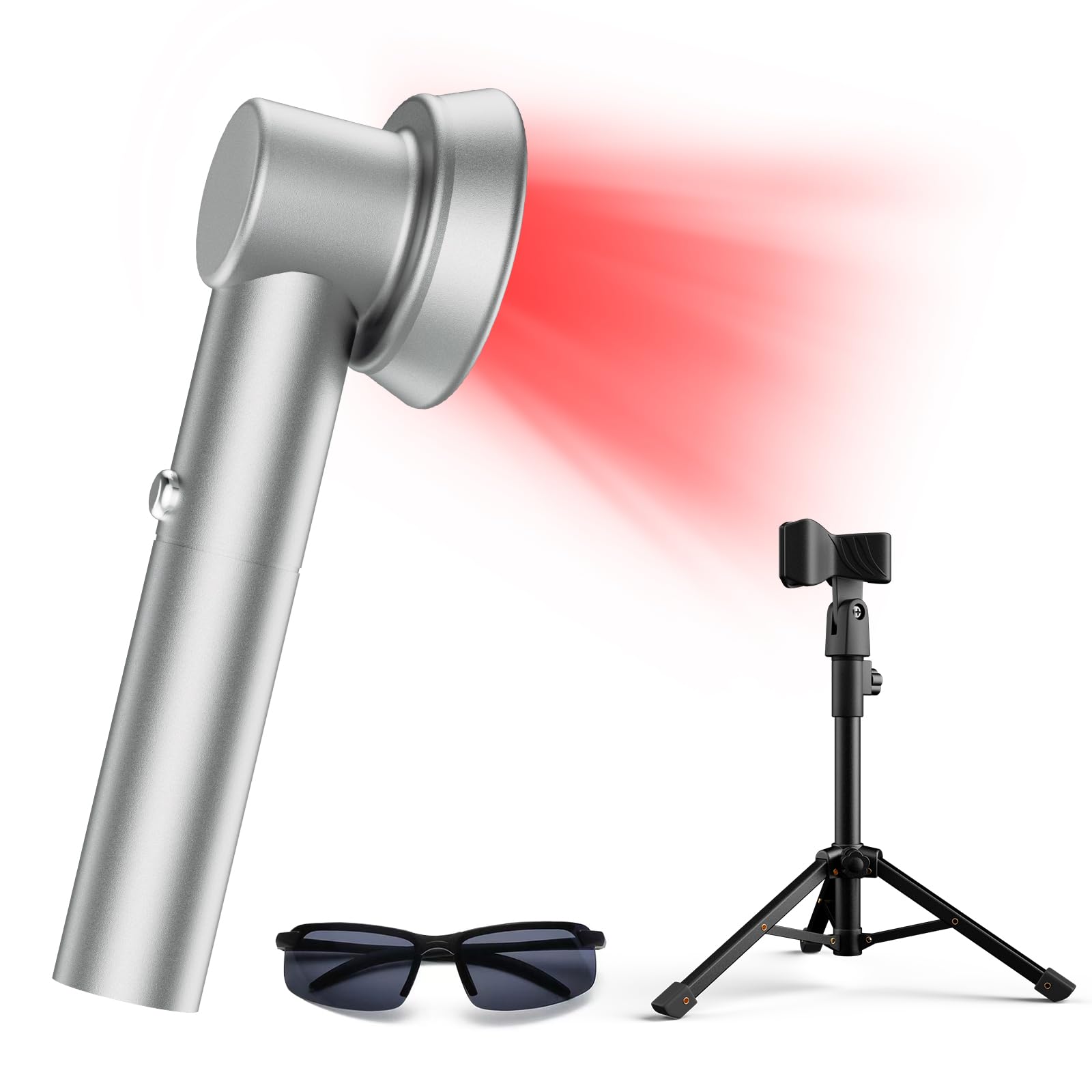 RICIAL handheld red-light device with stand enables easy at-home use and targeted relaxation.