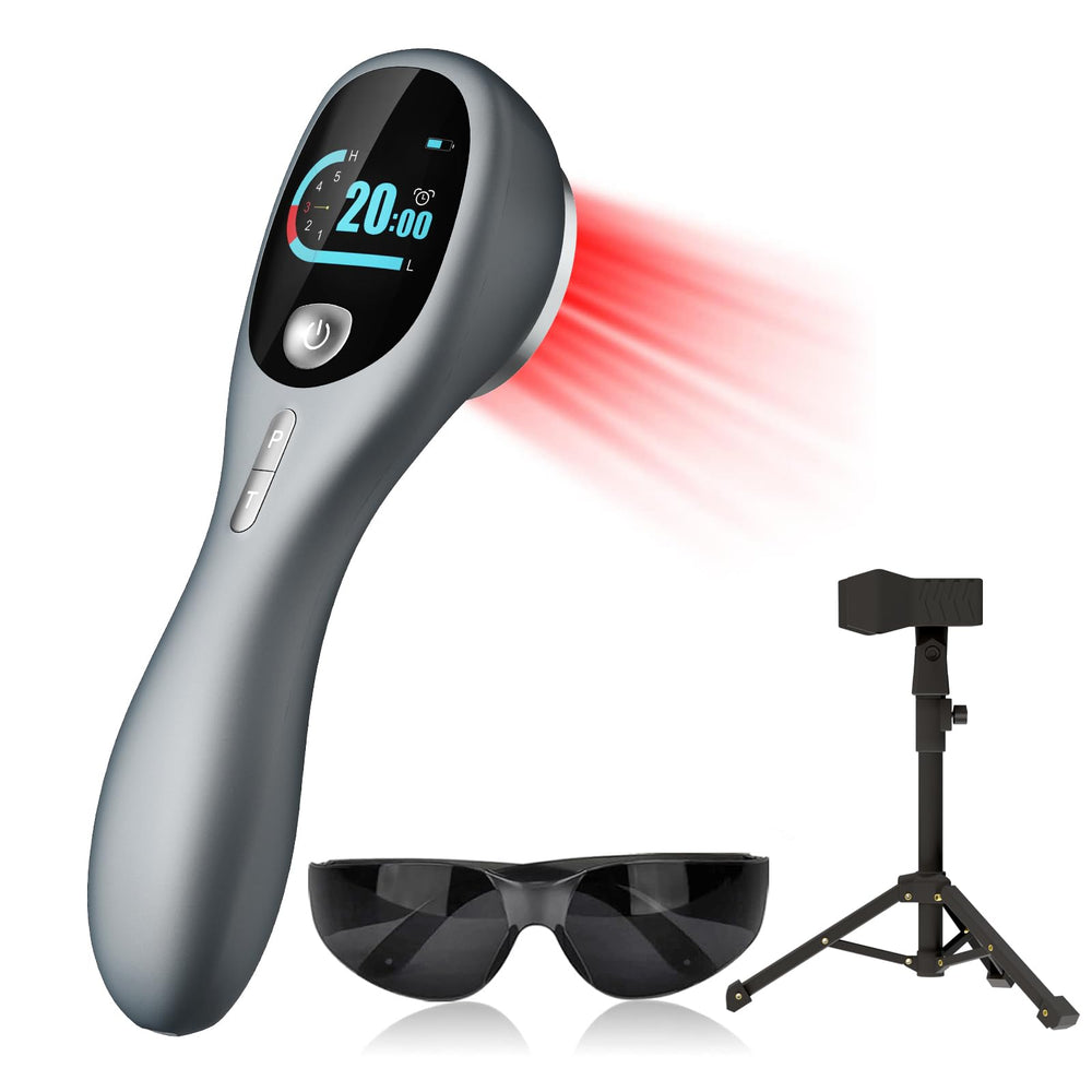 RICIAL hand-held red-light wand with stand for convenient, hands-free therapy.