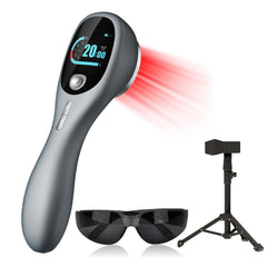 RICIAL hand-held red-light wand with stand for convenient, hands-free therapy.