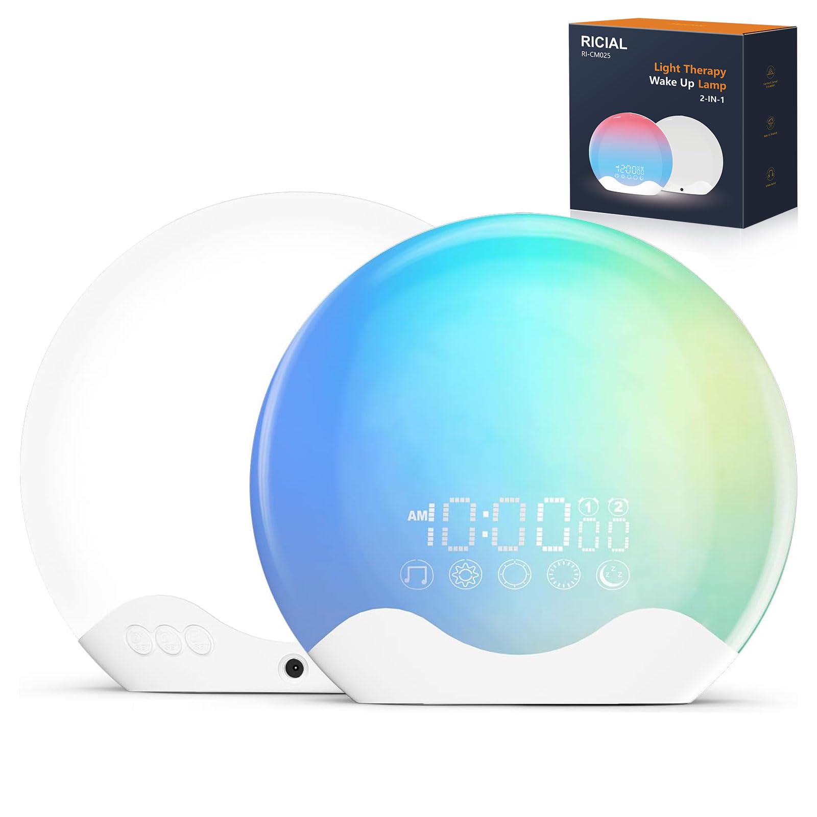 RICIAL light therapy lamp showing wake up light for gentle mornings.