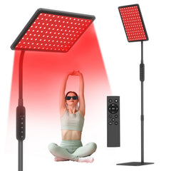 RICIAL red light therapy lamp on stand for at-home facial care and muscle relief.
