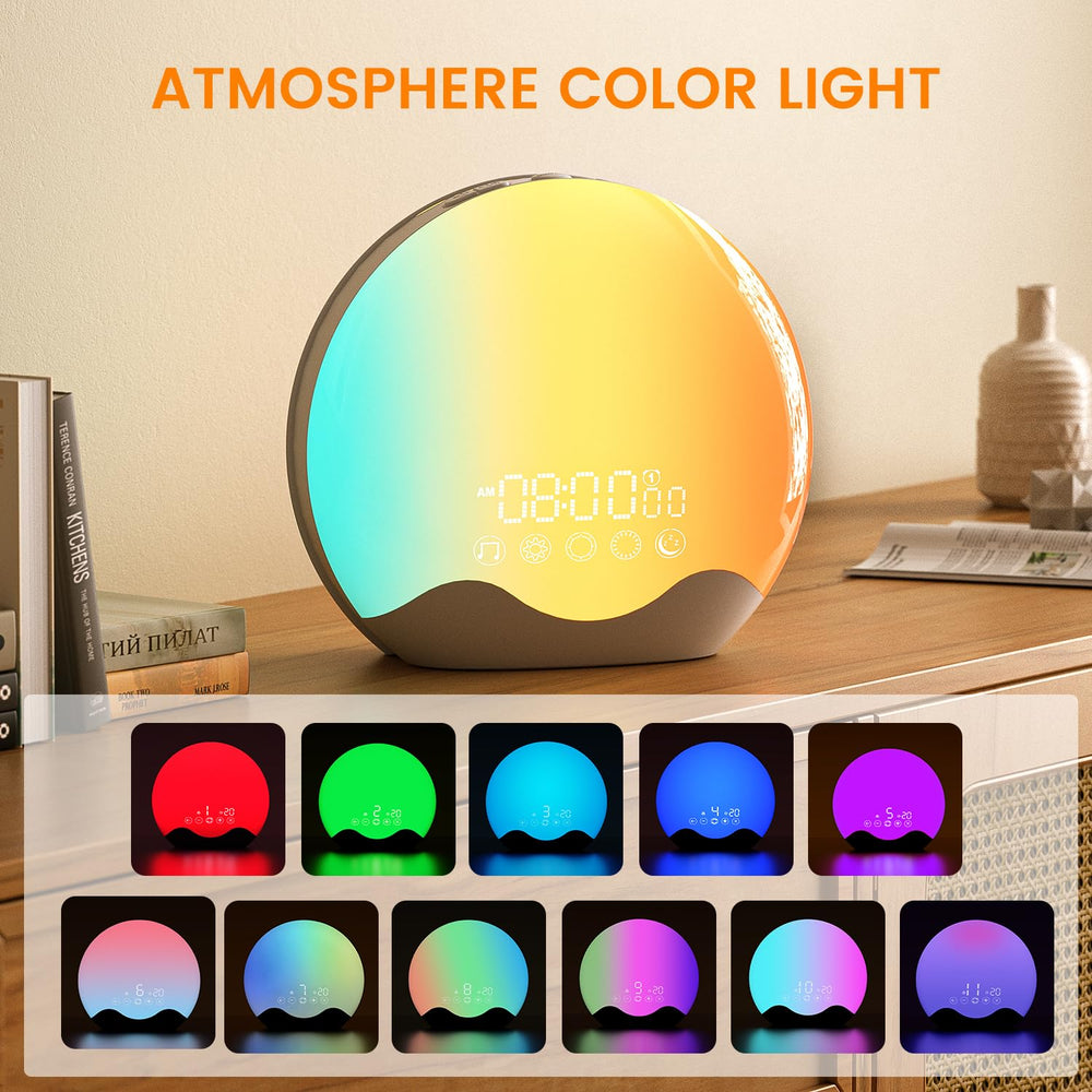 RICIAL sunlight simulation alarm displaying sunrise progression in a bedroom.
