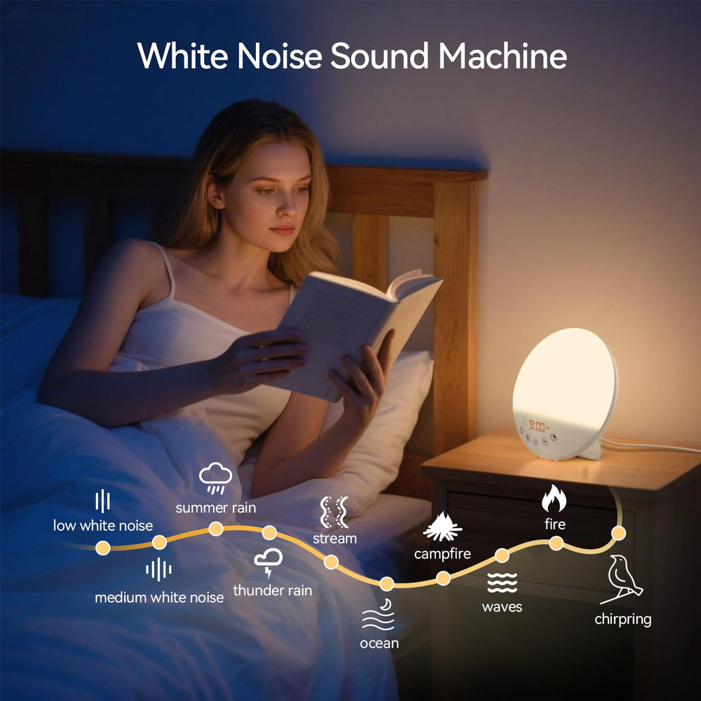 RICIAL Wake Up Light sleep aid mode with sunset dimming and soothing sounds