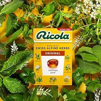 Ricola Swiss Sugar Free herb drops lozenge closeup with herbal blend aroma