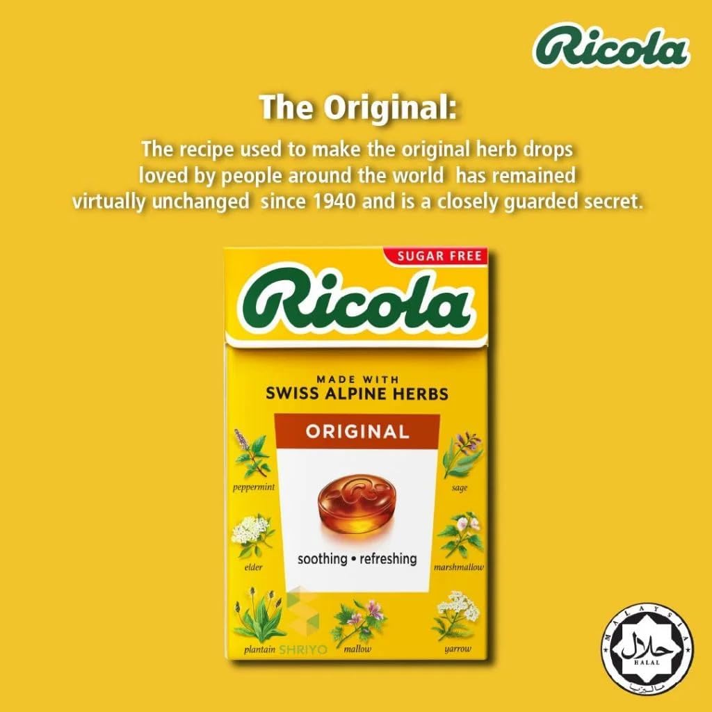 Ricola box back lists ingredients and stevia sweetness in a sugar-free option