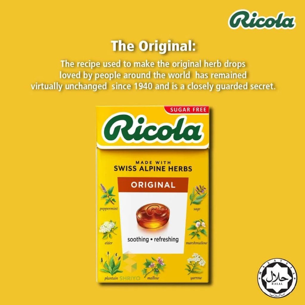 Ricola box back lists ingredients and stevia sweetness in a sugar-free option