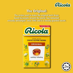 Ricola box back lists ingredients and stevia sweetness in a sugar-free option
