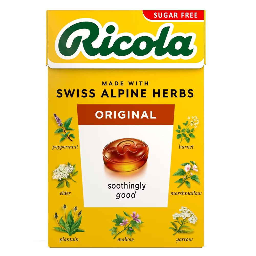 Ricola Swiss Sugar Free Herb Drops pack front for on-the-go refreshment