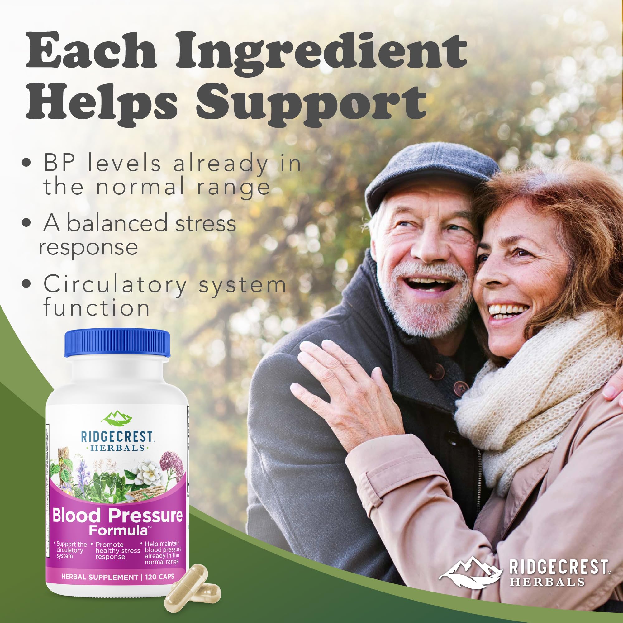 Ridgcrest Blood Pressure Formula bottle being poured into a glass for easy daily use.