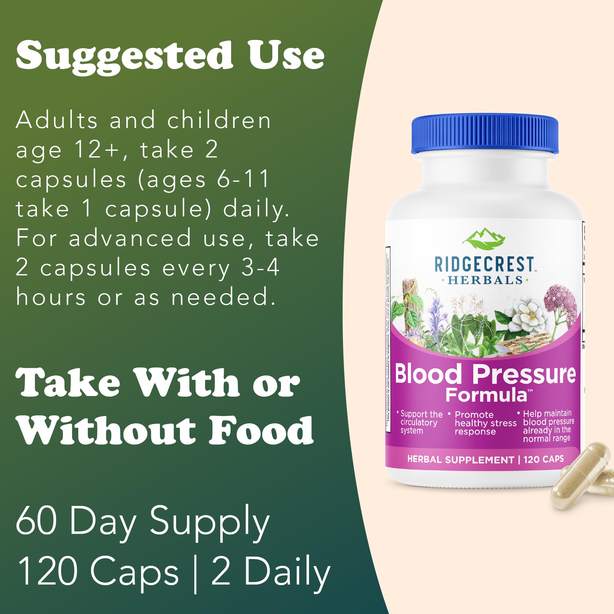 Ridgcrest capsules arranged beside a glass of water for daily intake.