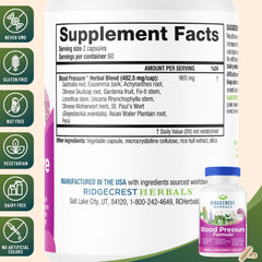 Ridgcrest ingredients packshot showing Gastrodia, Eucommia and Gardenia herbs.