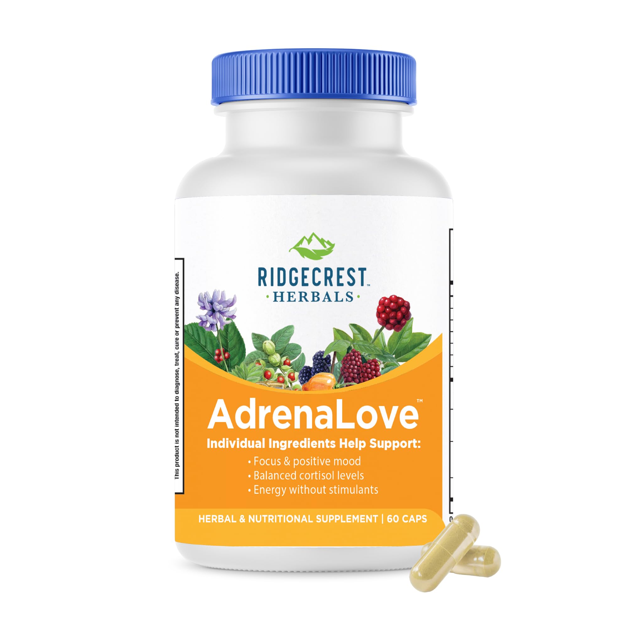 RidgeCrest AdrenaLove bottle front shows vegan capsules ready for daily stress support