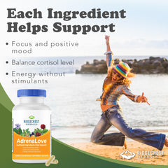RidgeCrest AdrenaLove bottle side highlights portable capsules for on-the-go energy and focus