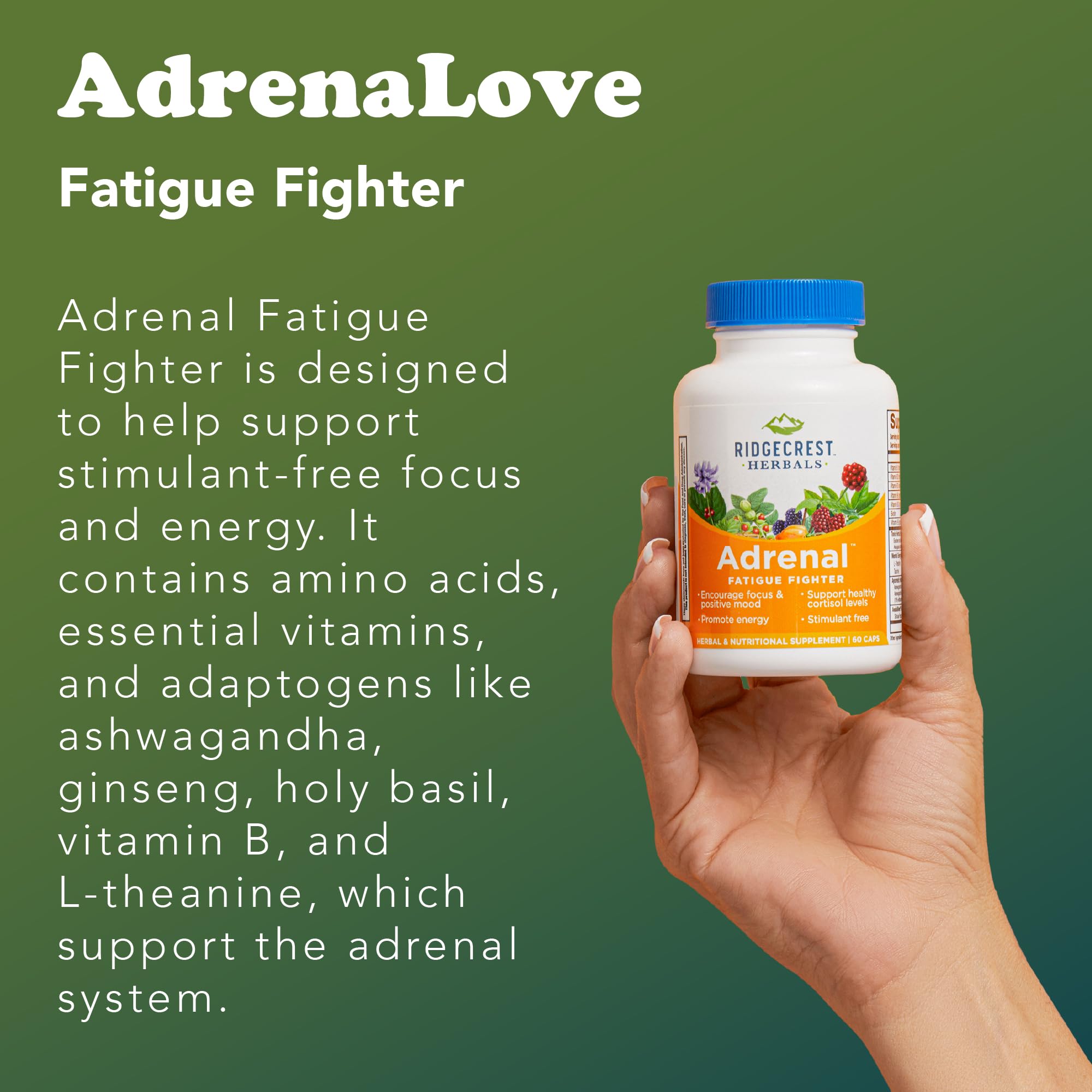 RidgeCrest AdrenaLove box presentation highlights natural ingredients and non-GMO formulation