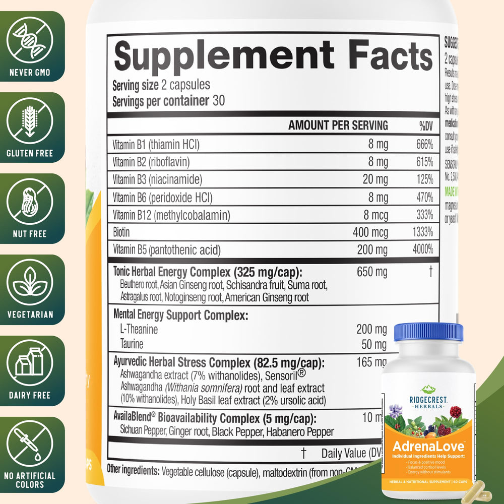 RidgeCrest AdrenaLove capsules close-up emphasizes plant-based ingredients and daily dose guidance