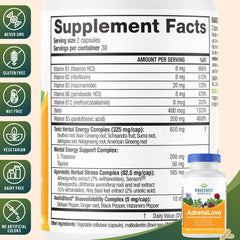 RidgeCrest AdrenaLove capsules close-up emphasizes plant-based ingredients and daily dose guidance