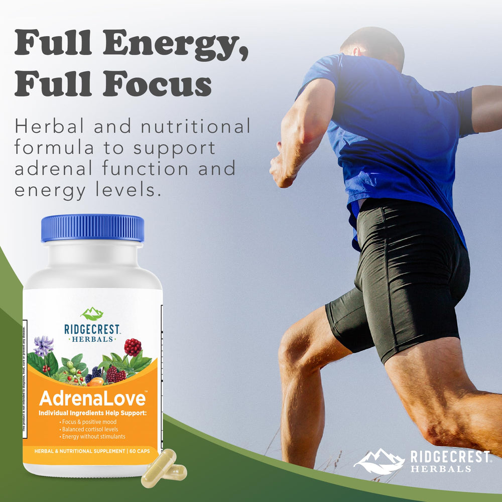 RidgeCrest AdrenaLove daily-use scene shows routine-friendly capsules for stress and energy