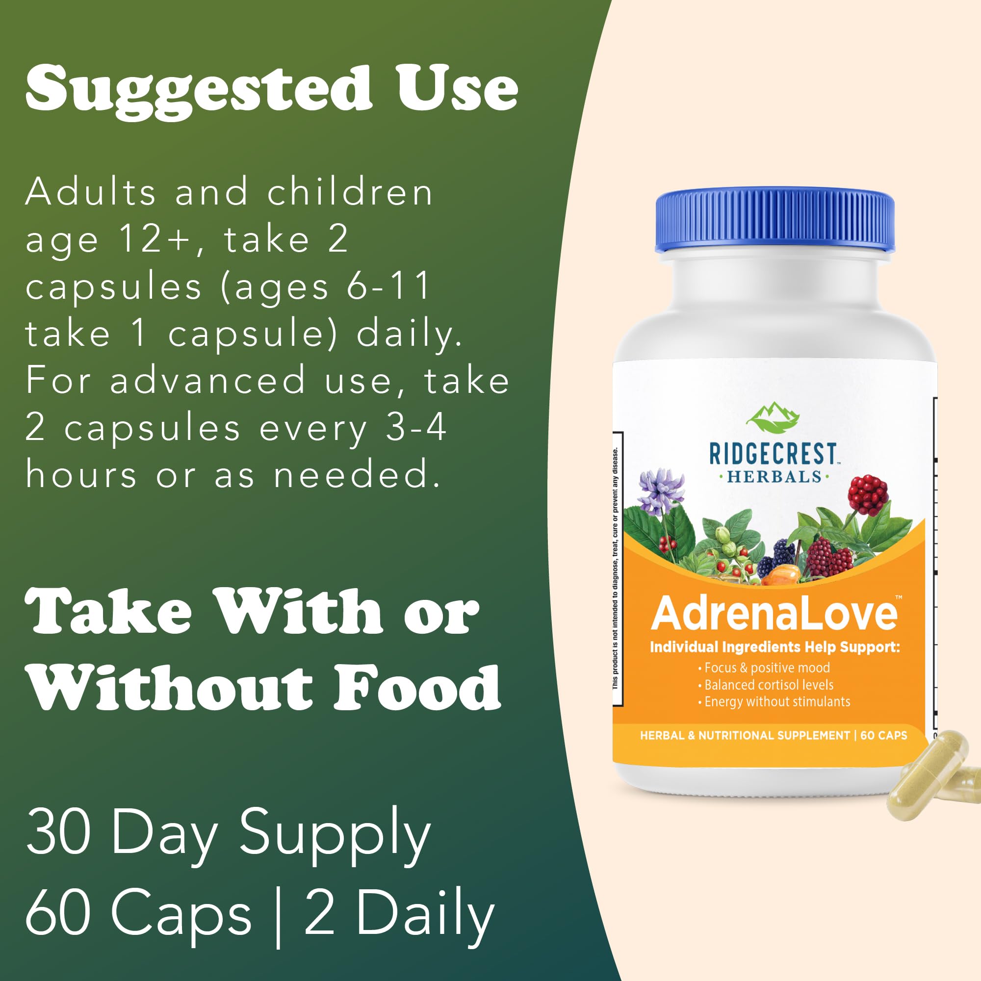 RidgeCrest AdrenaLove label close-up lists Ashwagandha, L-Theanine, and Ginseng blends