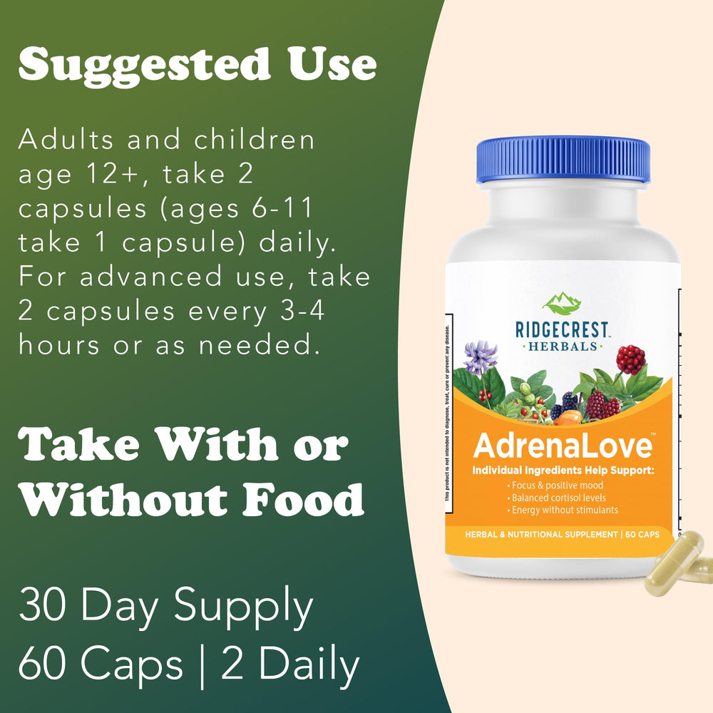 RidgeCrest AdrenaLove label close-up lists Ashwagandha, L-Theanine, and Ginseng blends