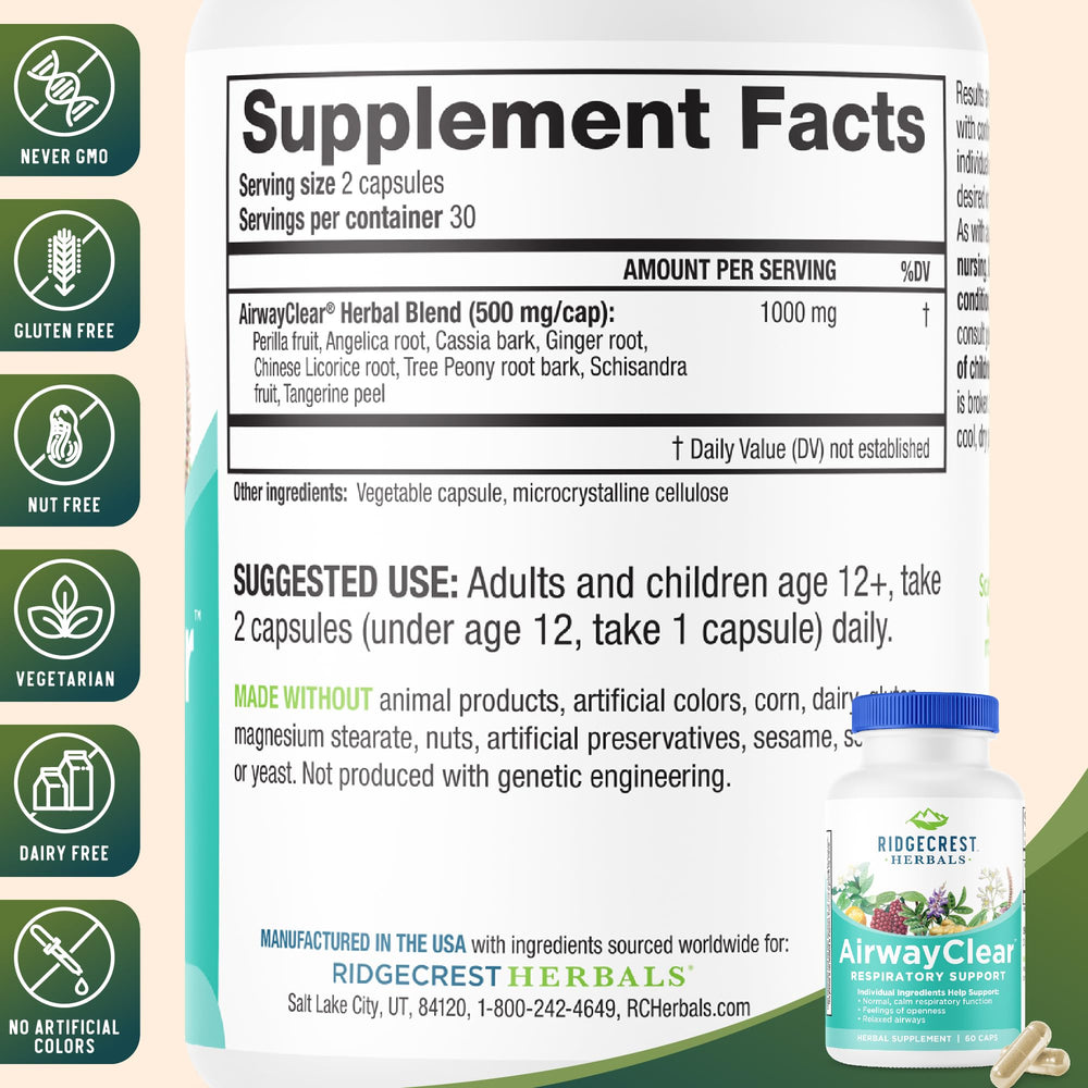 RidgeCrest AirwayClear capsules in bottle showcase convenient gluten-free daily use.
