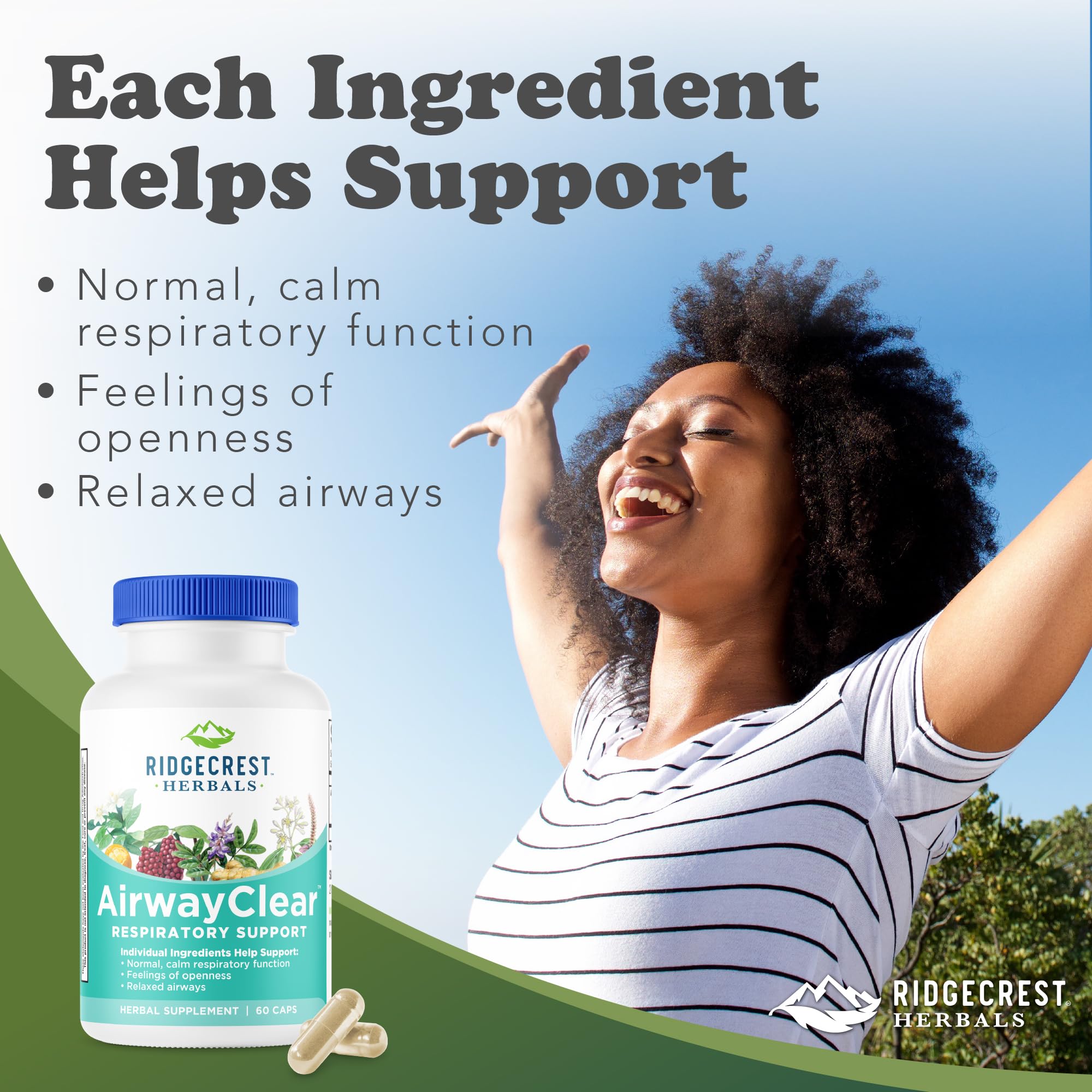 RidgeCrest AirwayClear ingredients panel highlights natural herbs for respiratory support.
