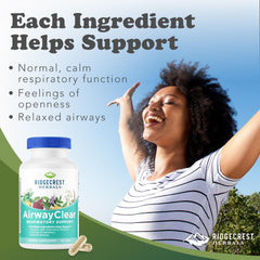 RidgeCrest AirwayClear ingredients panel highlights natural herbs for respiratory support.