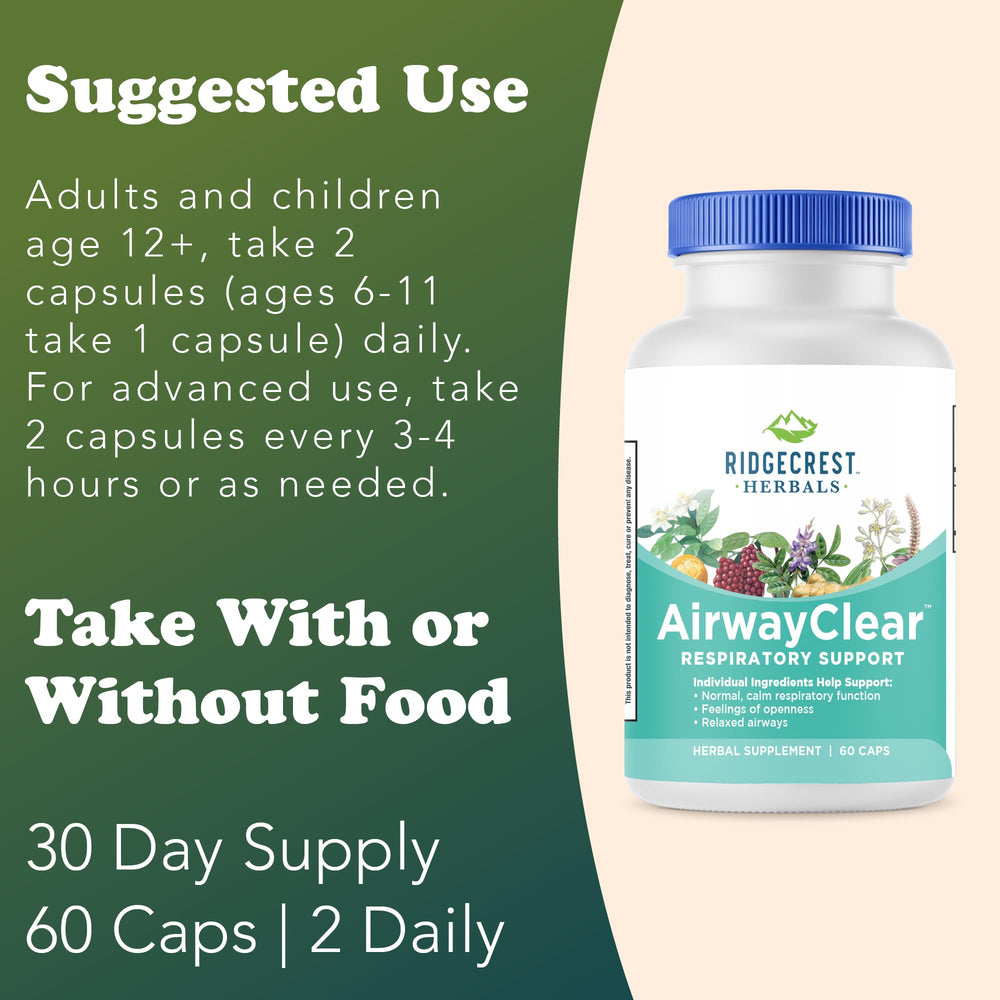 RidgeCrest AirwayClear label highlights gluten-free vegan capsules for clean ingestion.