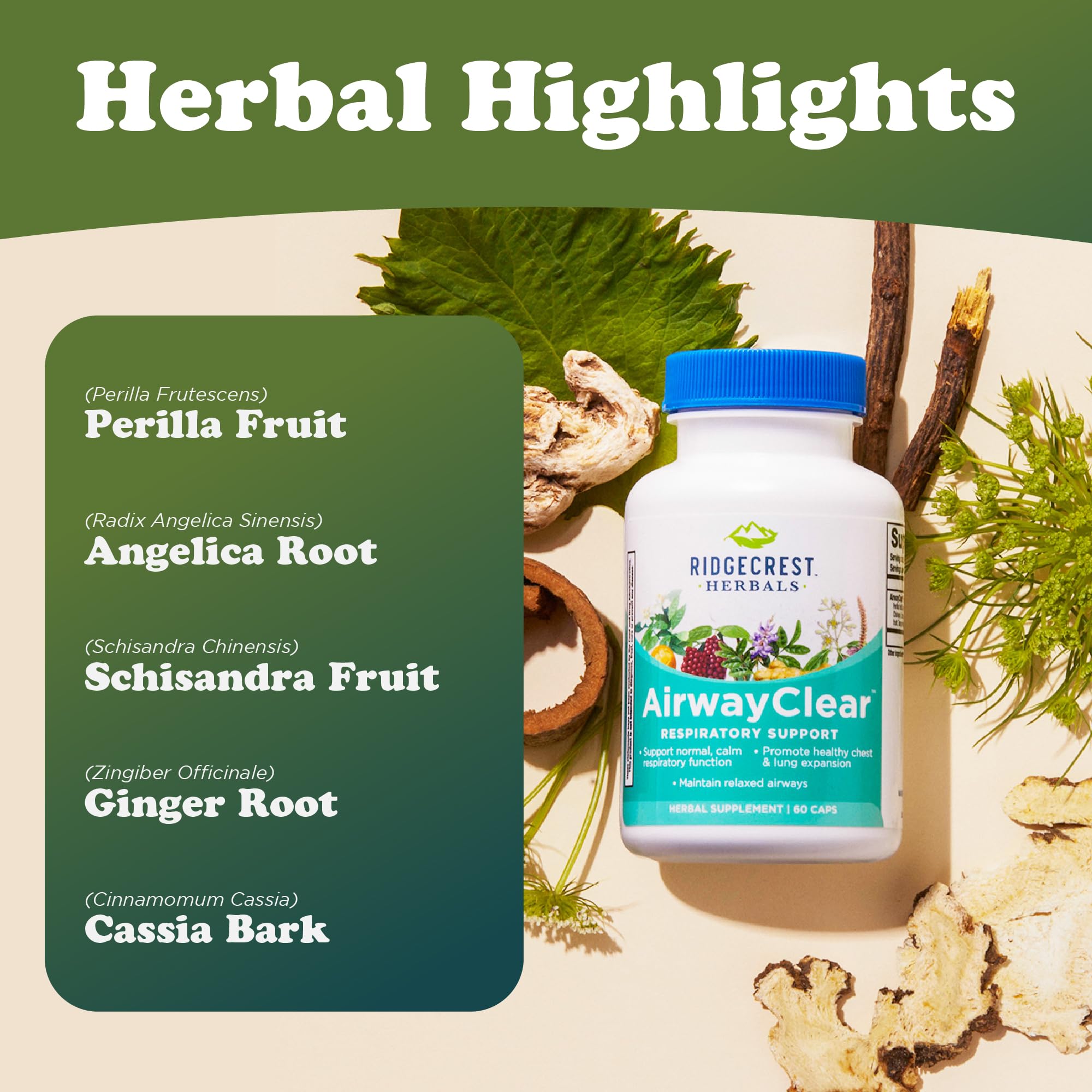 RidgeCrest AirwayClear packaging box signals gluten-free, vegan capsules for daily use.