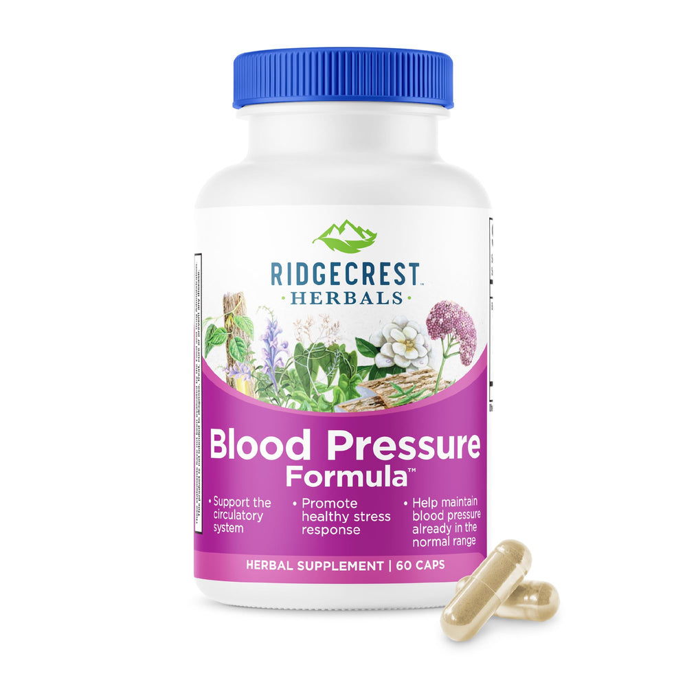 RidgeCrest Blood Pressure Formula bottle shows capsules for daily circulatory support.