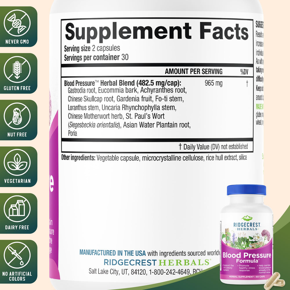 RidgeCrest Blood Pressure Formula label highlights key ingredients like Gastrodia and Eucommia.