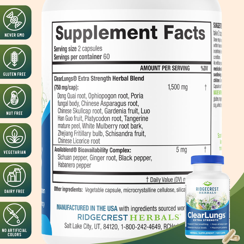 RidgeCrest ClearLungs Extra Strength capsules ready for daily use