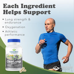 RidgeCrest ClearLungs Sport capsules close-up highlighting vegan formula for lung support