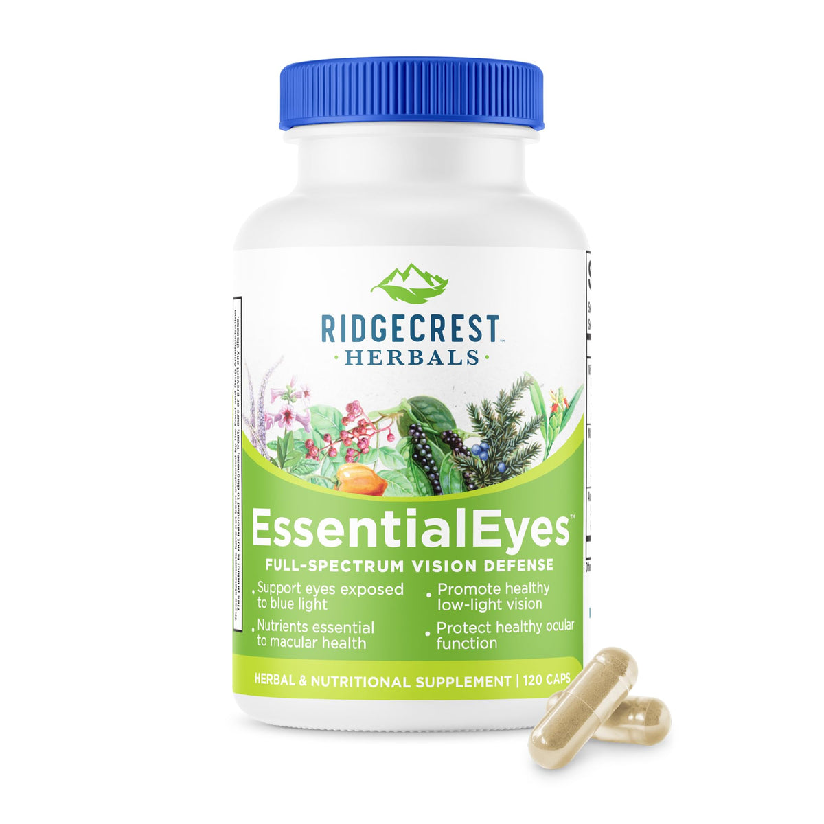 RidgeCrest EssentialEyes bottle showing comprehensive eye vitamin formula for daily support