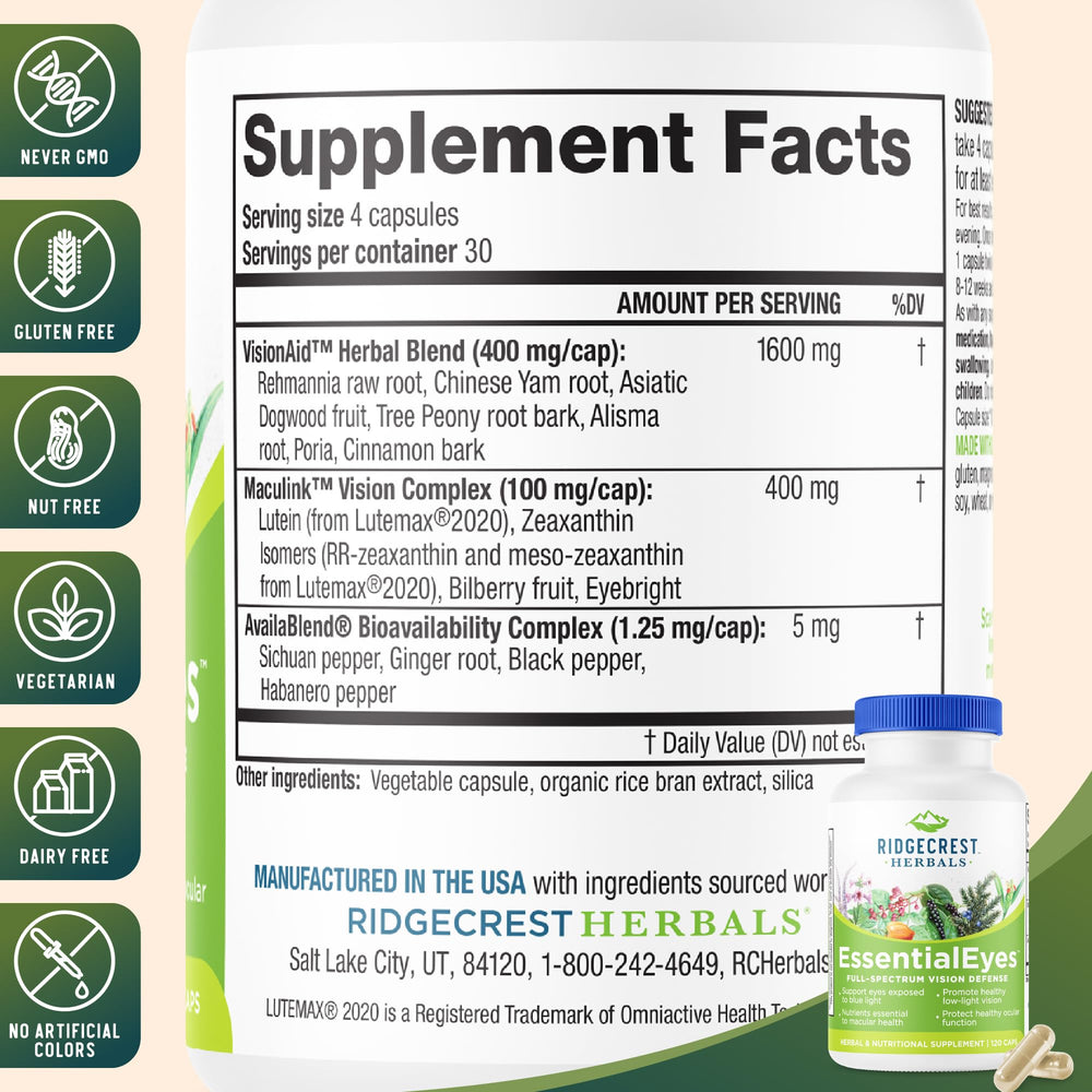 RidgeCrest EssentialEyes label highlights Lutemax2020 for eye wellness