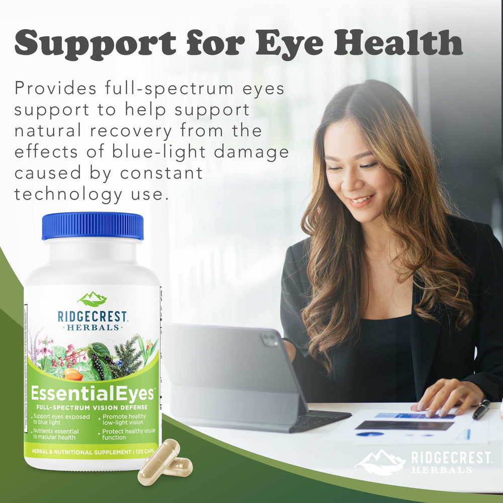 Morning routine scene with EssentialEyes capsules next to a cup
