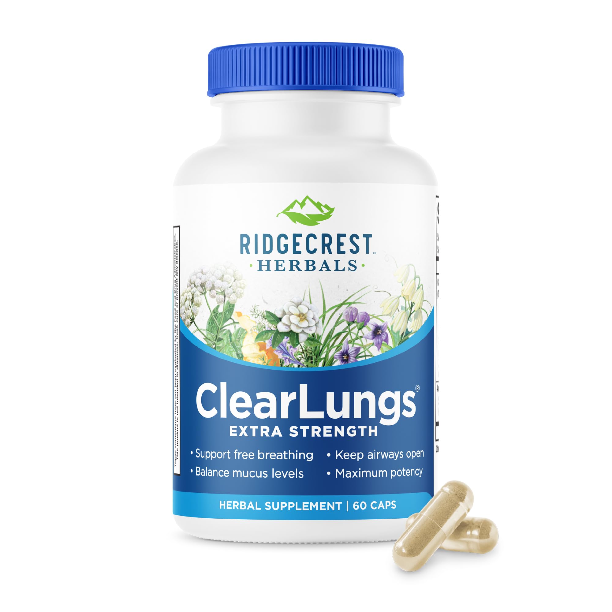 RidgeCrest Herbals ClearLungs Extra Strength bottle front view for daily respiratory support.