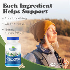 RidgeCrest ClearLungs capsules close-up showing fast-acting, non-drowsy lung support.