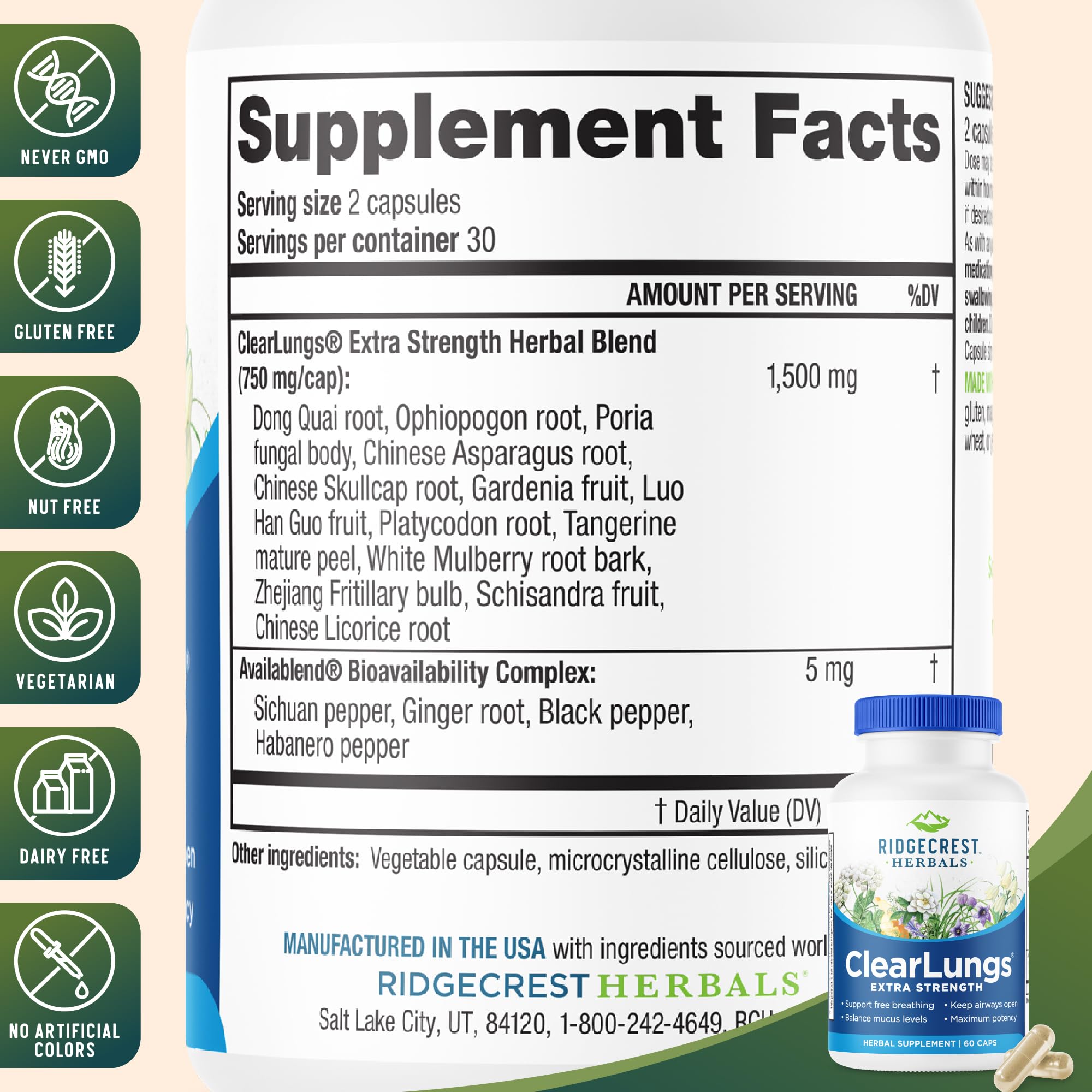 RidgeCrest ClearLungs label close-up highlighting 60 capsules for daily use.
