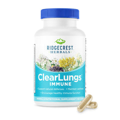 RidgeCrest Herbals ClearLungs Immune bottle on a shelf for daily respiratory support.