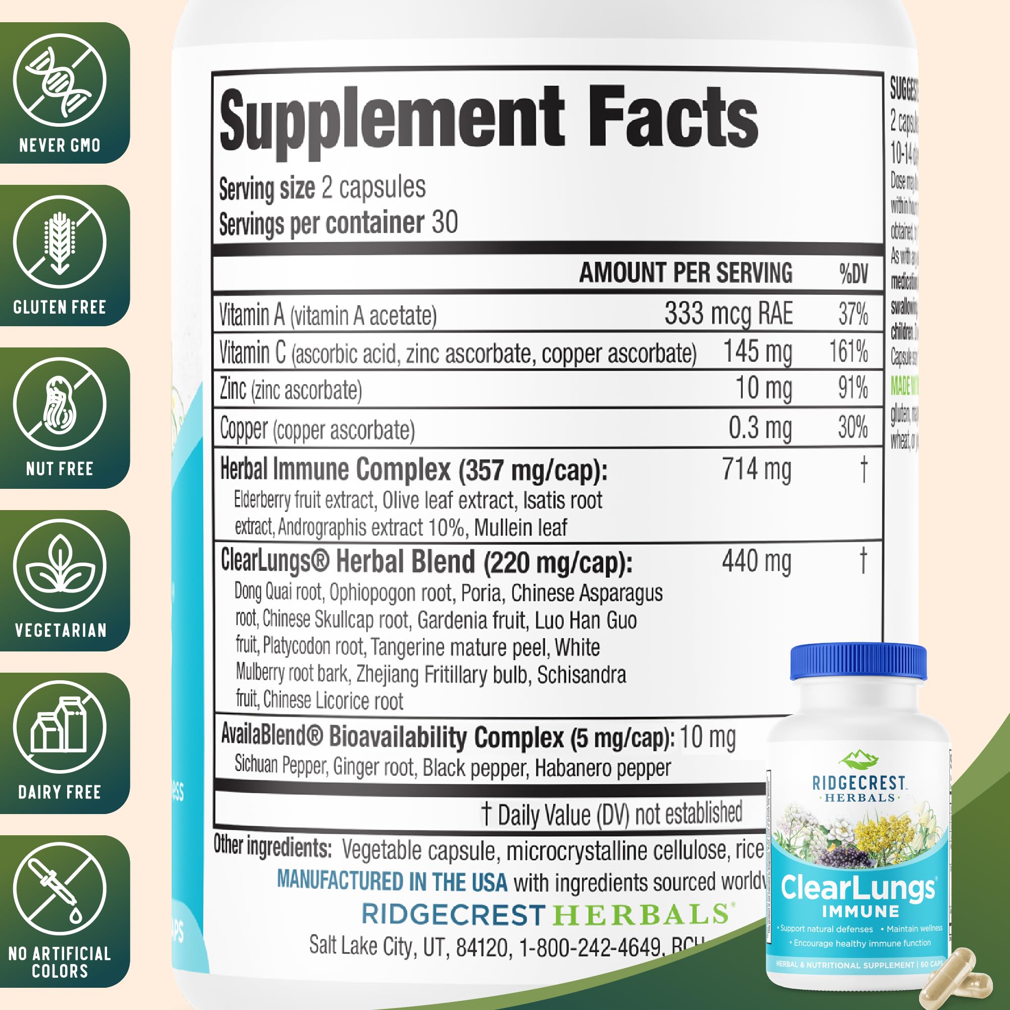 RidgeCrest ClearLungs Immune capsules in hand for everyday lung support.