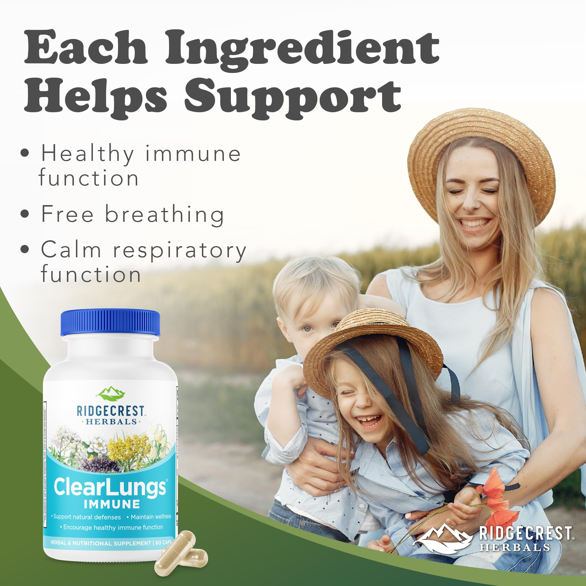 Close-up of RidgeCrest ClearLungs Immune label highlighting vegan capsules.
