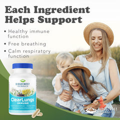 Close-up of RidgeCrest ClearLungs Immune label highlighting vegan capsules.