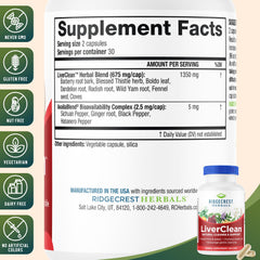 RidgeCrest LiverClean capsules close-up for convenient daily supplementation.