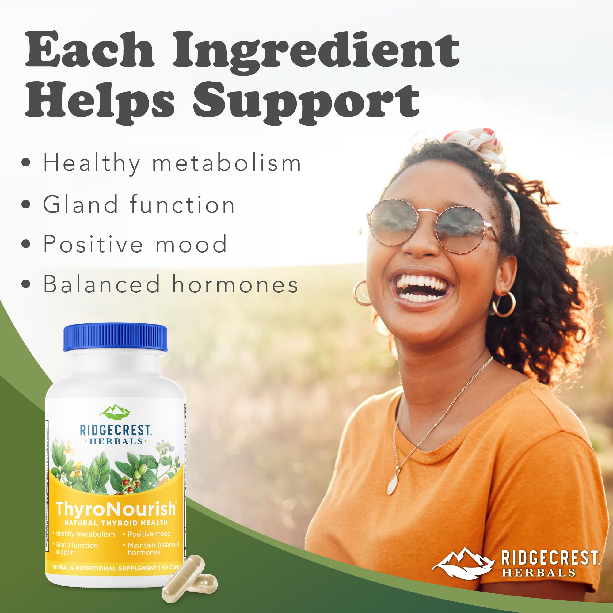 Ridgecrest ThyroNourish bottle back with ingredient information for mood and energy support.