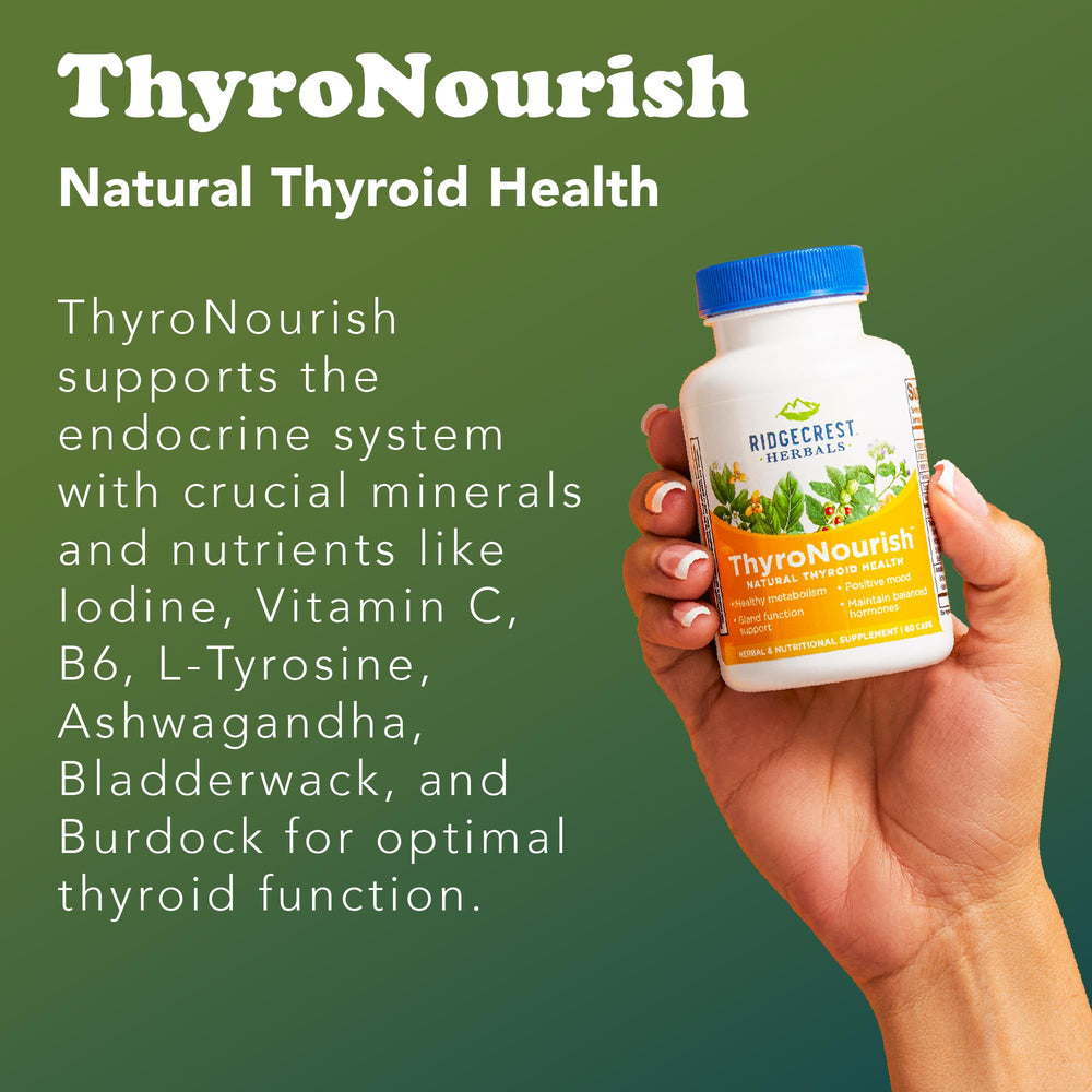 Packaging box of Ridgecrest ThyroNourish highlighting the herbal and vitamin blend.